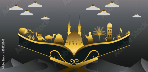 Ramadan celebration vector set, gold and black colors