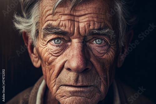 Portrait of old white man with wrinkles looking straight into the camera, illustration generative AI