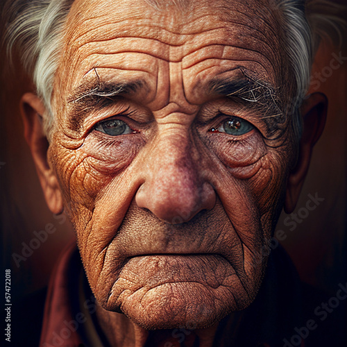 Portrait of old white man with wrinkles looking straight into the camera, illustration generative AI