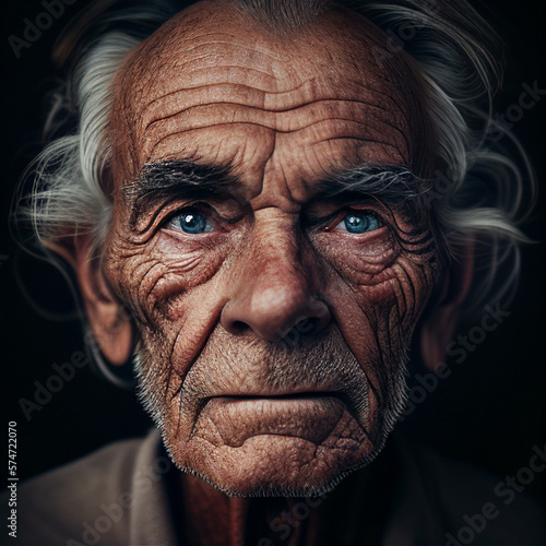 Portrait of old white man with wrinkles looking straight into the camera, illustration generative AI