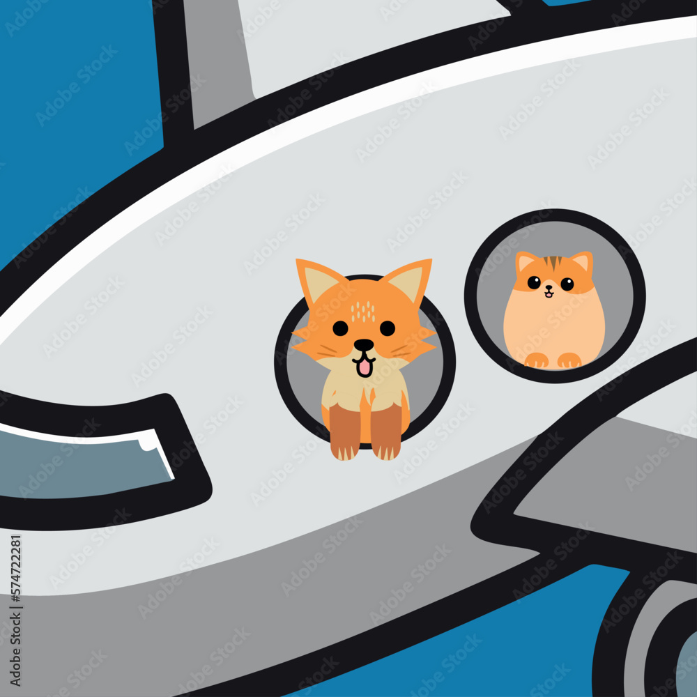 Fototapeta premium Fox and Cat on a Plane Illustration