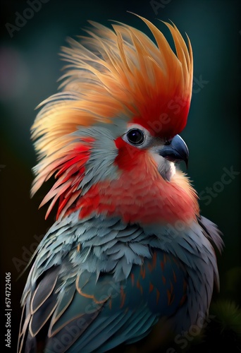 red green parrot cockatiel sits on a tree branch. Beautiful colors generated by AI © poker