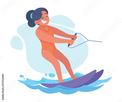 Funny Girl Waterskiing Doing Water Sport Activity Vector Illustration