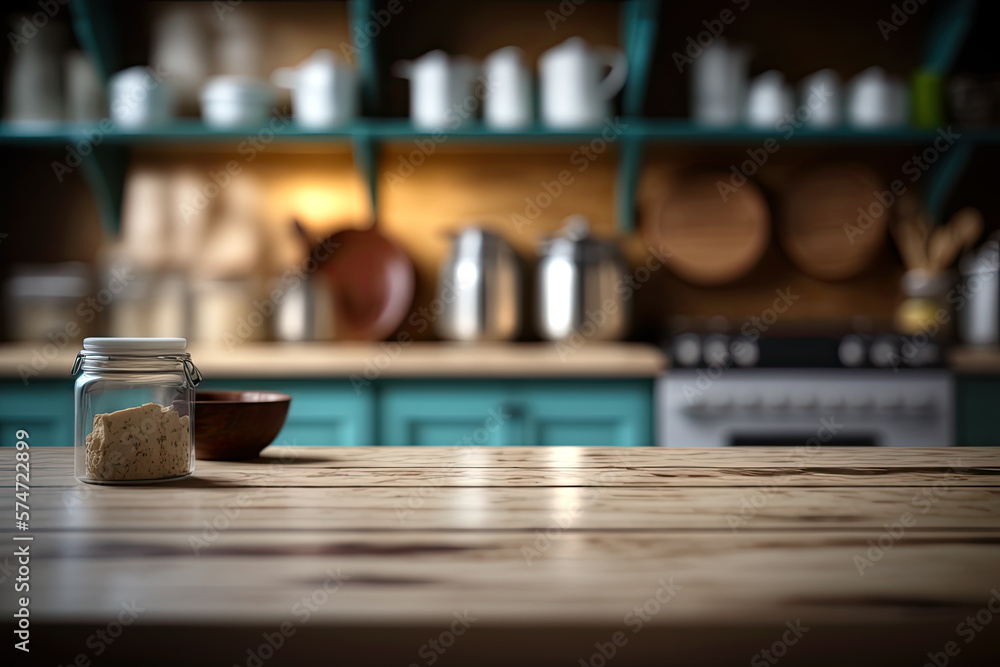 Empty kitchen table with bokeh kitchen background for product photography. Copy space. Ai generative