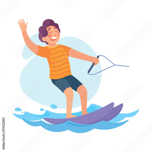 Funny Boy Waterskiing Doing Water Sport Activity Vector Illustration