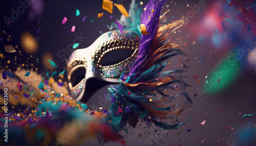 Traditional carnival mask with feathers and confetti. Mardi gras celebration. Generative ai