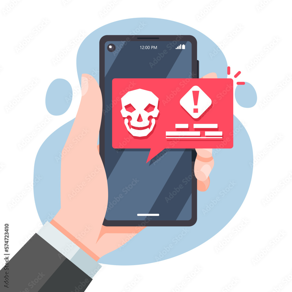 Warning alert message on smartphone screen with Skull robot logo. spam, virus, and fraud message notifications on mobile. Hand holding phone. Vector illustration flat design.