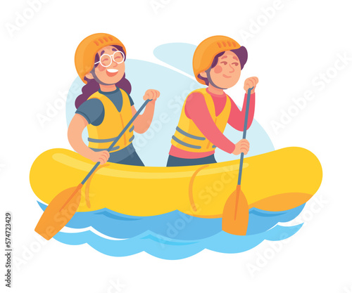 Funny Boy and Girl Canoeing with Paddle Doing Water Sport Activity Vector Illustration