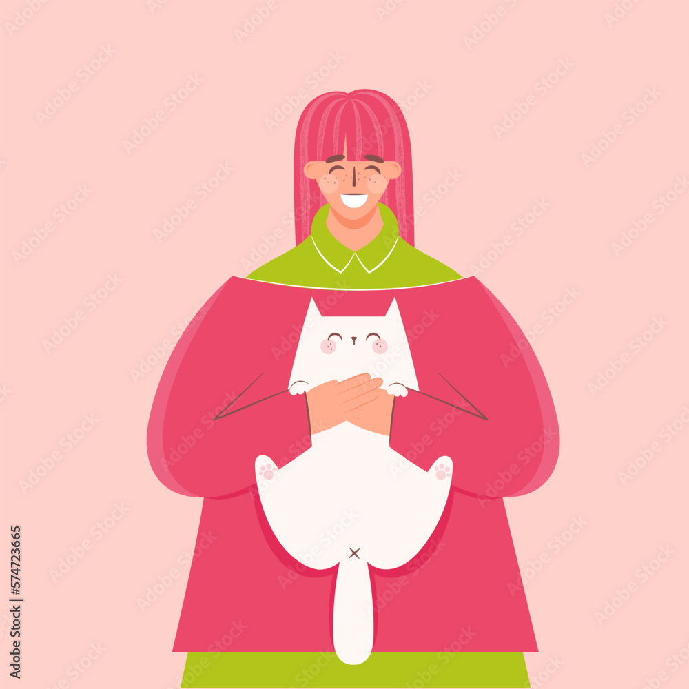 Happy woman holding cat. Pet ownership, pet parent. Happy Mew Year and cats day. Adopt cats and make them happy. Vector illustration. Happy woman holding cat. Pet ownership, pet parent. Happy Mew Year and cats day. Adopt cats and make them happy. Vector illustration.
