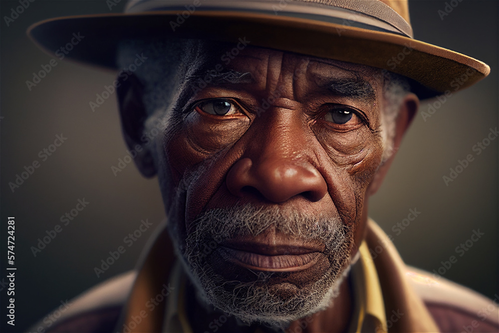 Portrait of old black man with wrinkles and beard wearing a hat looking straight into the camera, illustration generative AI