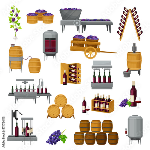 Wine Production with Barrel, Bottle Pouring and Grape Harvest Big Vector Set