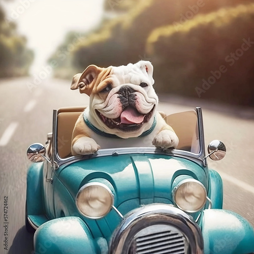 dog driving car on empty road