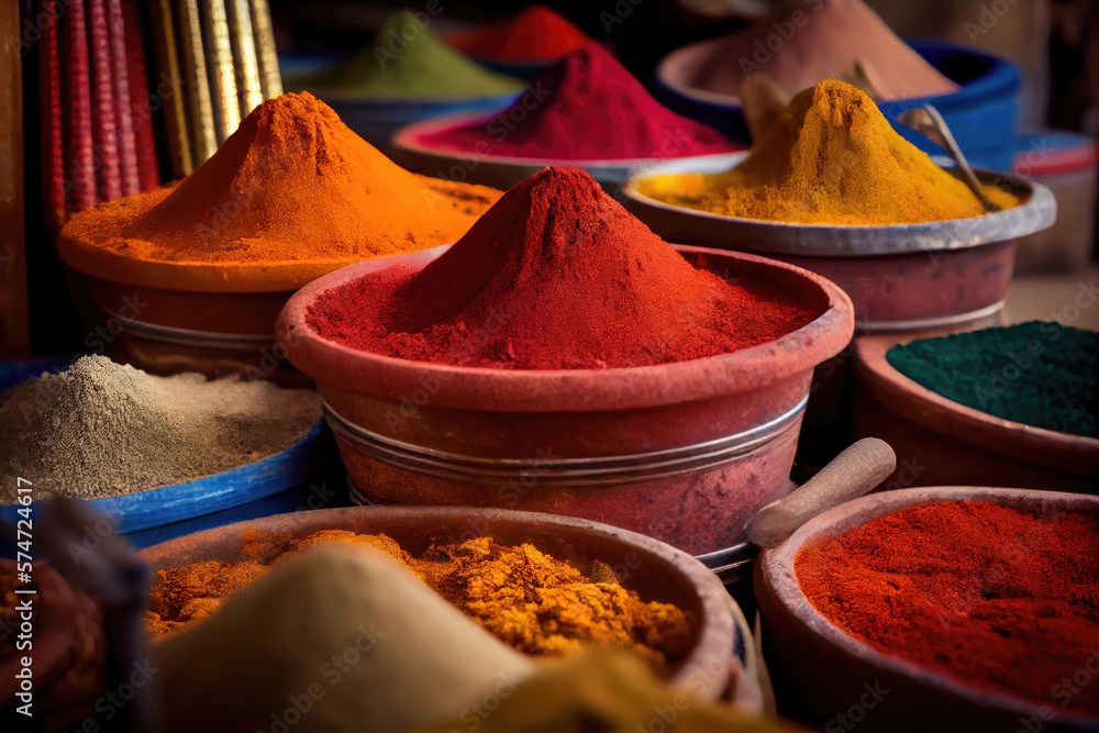 Various spices selection. Multicolored powder dyes. Indian local market. Generative Ai Art.