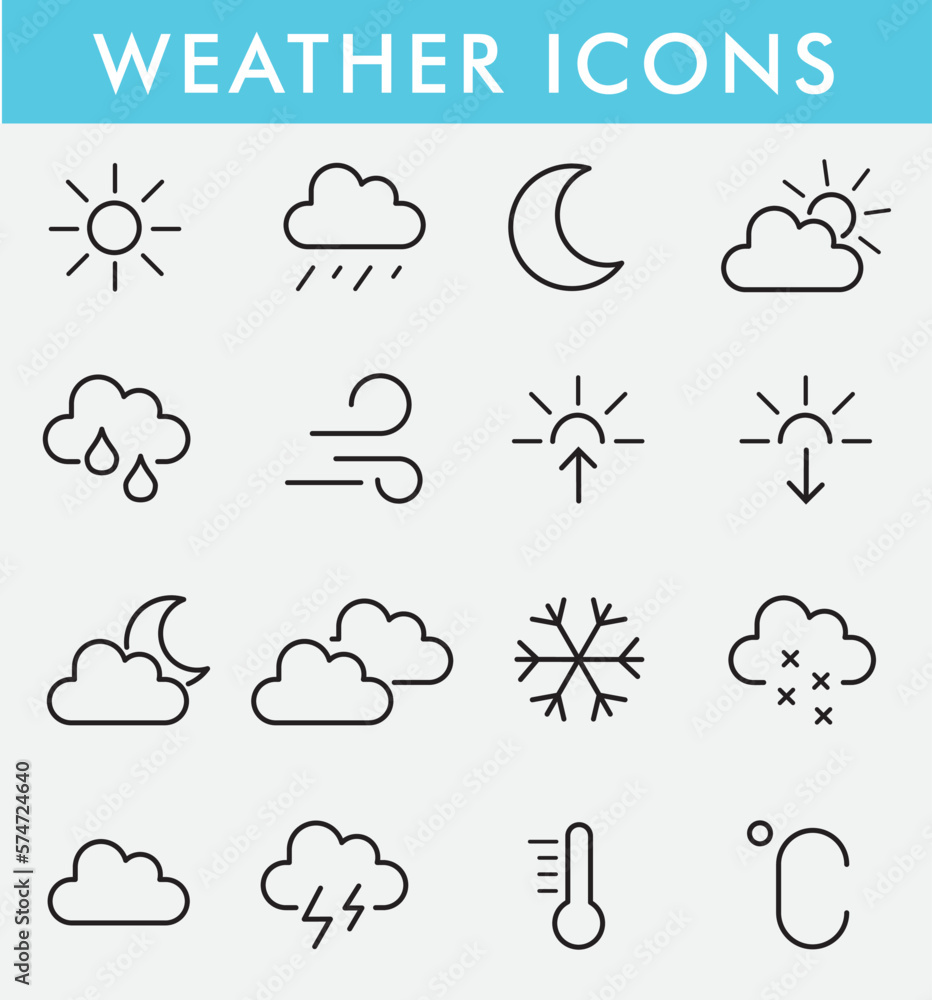 Obraz premium Weather Forecast line icons set. Weather symbols collection. Rain, Sun, Wind, Moon, Cloud, Fog, Snow, Umbrella, Meteorology icons. Weather signs. Vector illustration