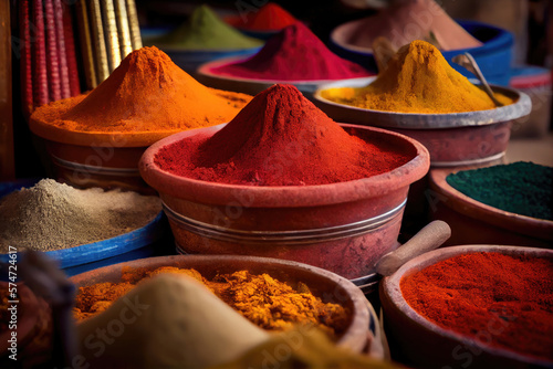 Various spices selection. Multicolored powder dyes. Indian local market. Generative Ai Art.