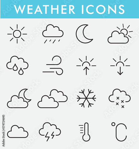 Weather Forecast line icons set. Weather symbols collection. Rain, Sun, Wind, Moon, Cloud, Fog, Snow, Umbrella, Meteorology icons. Weather signs. Vector illustration
