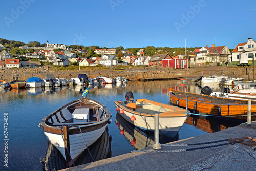 small boats moored in the harbor in a small   swedish seaside town Molle