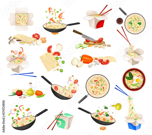 Wok Chinese Noodles Preparation Process with Ingredients Big Vector Set