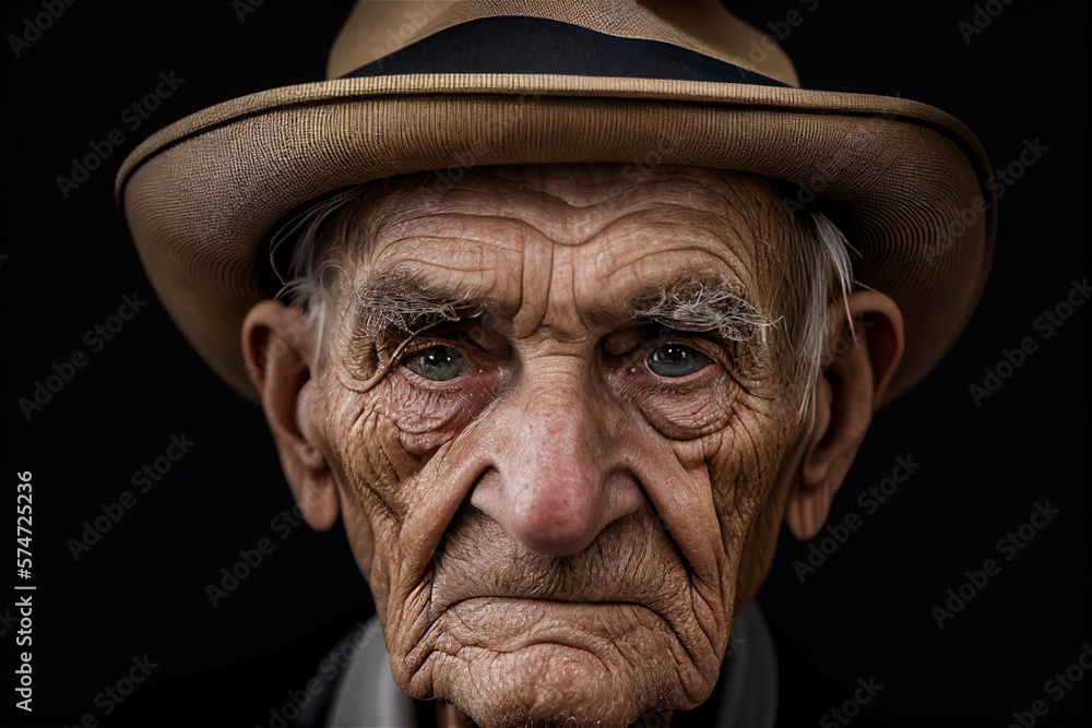 Portrait of old white man with wrinkles and beard wearing a hat looking straight into the camera, illustration generative AI Portrait of old white man with wrinkles and beard wearing a hat looking straight into the camera, illustration generative AI