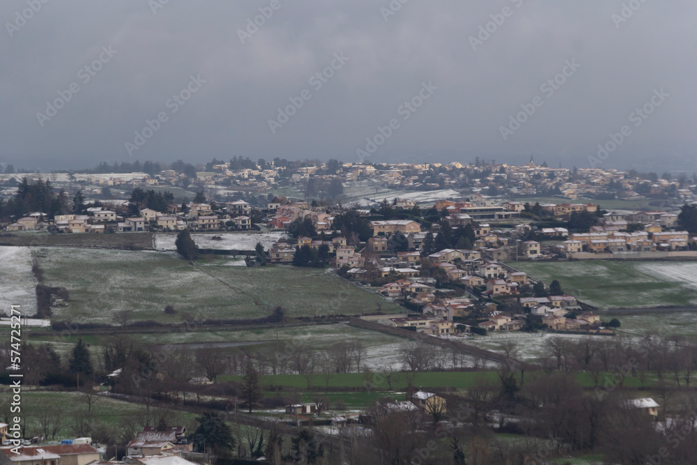 Panoramic view of a French town with snow