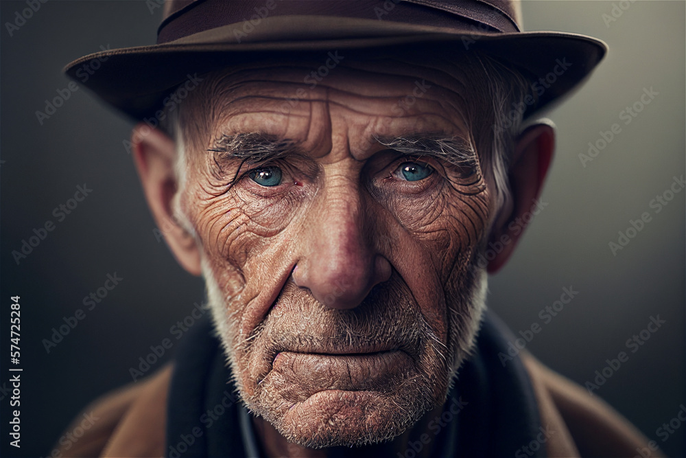 Portrait of old white man with wrinkles and beard wearing a hat looking straight into the camera, illustration generative AI Portrait of old white man with wrinkles and beard wearing a hat looking straight into the camera, illustration generative AI