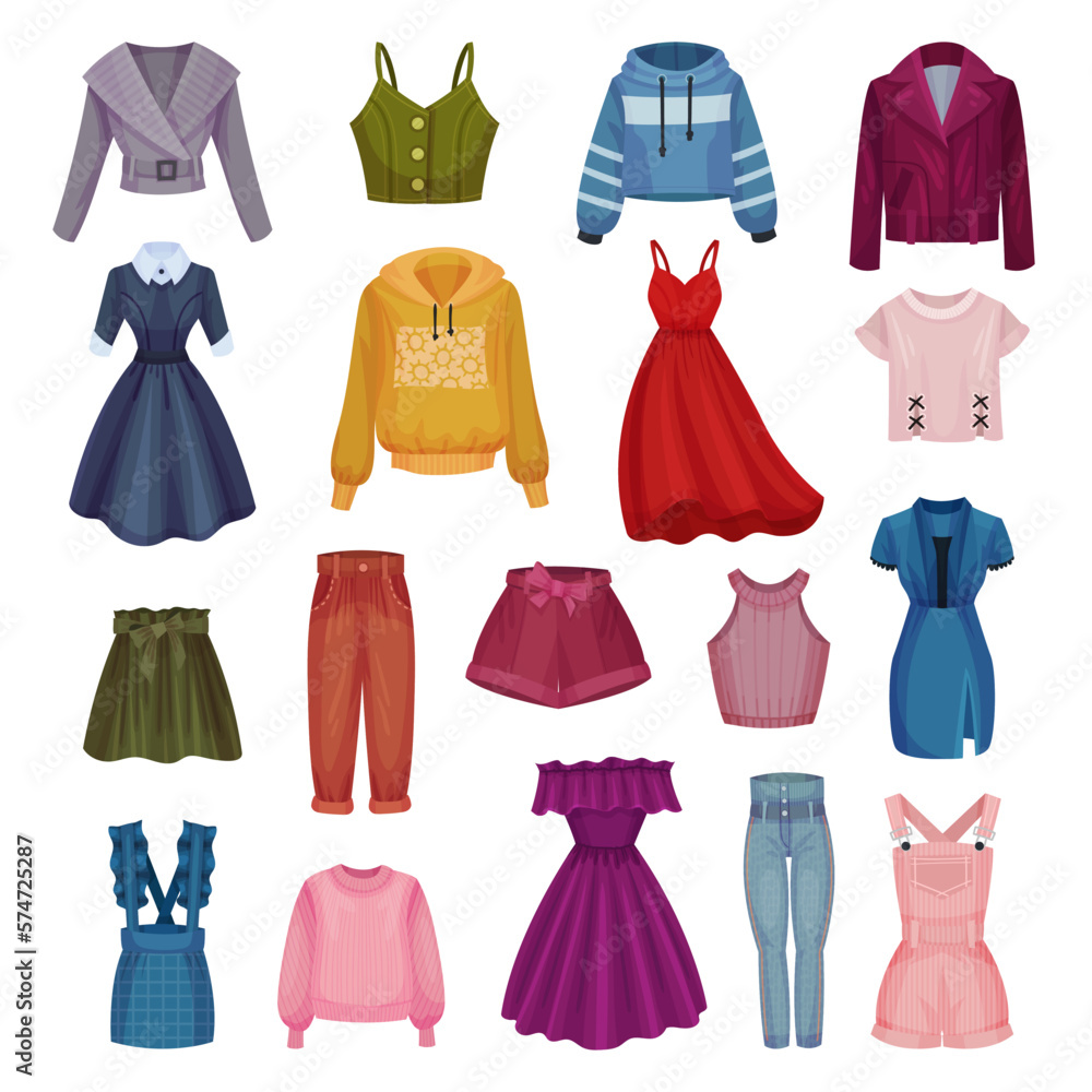 Woman Clothes with Jacket, Hoody, Dress, Skirt and Pants Big Vector Set Woman Clothes with Jacket, Hoody, Dress, Skirt and Pants Big Vector Set