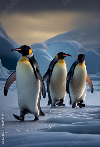 Cute penguins in the snow. AI generated