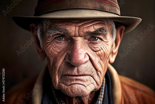 Portrait of old white man with wrinkles and beard wearing a hat looking straight into the camera, illustration generative AI