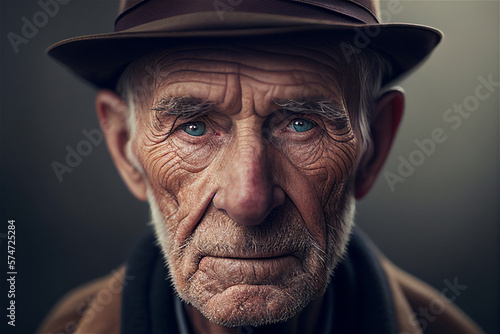 Portrait of old white man with wrinkles and beard wearing a hat looking straight into the camera, illustration generative AI