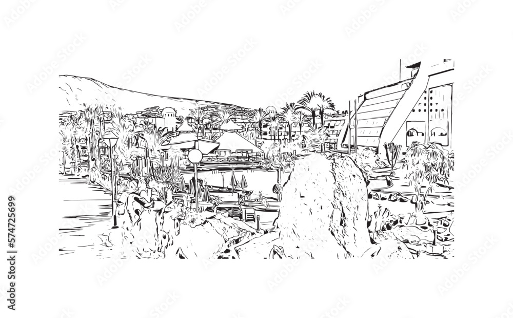 Building view with landmark of Playa Blanca
is the town in Spain.
Hand drawn sketch illustration in vector.