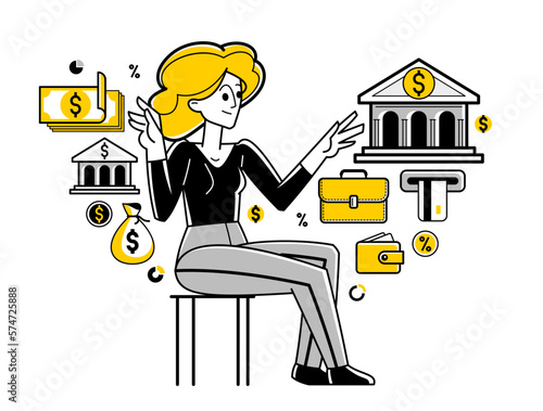 Banking vector outline illustration, woman manager working with finances or customer manages her account with deposit or credit, personal savings.