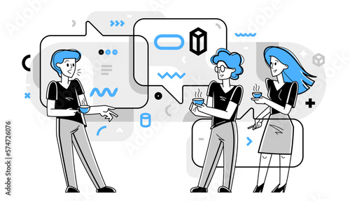 Team of young people having a discussion about solving some problems in work, brainstorm about new creative ideas, vector outline illustration.