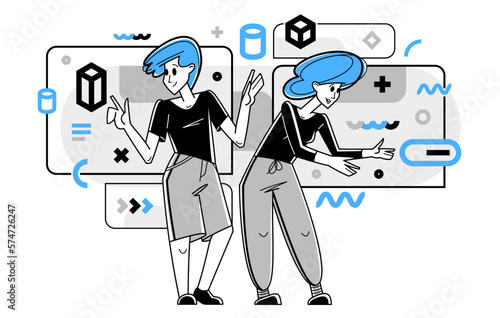 Wallpaper Mural Creative workers doing some job and creating some system, inspired inventive designers or engineers composing abstract elements, vector outline illustration. Torontodigital.ca