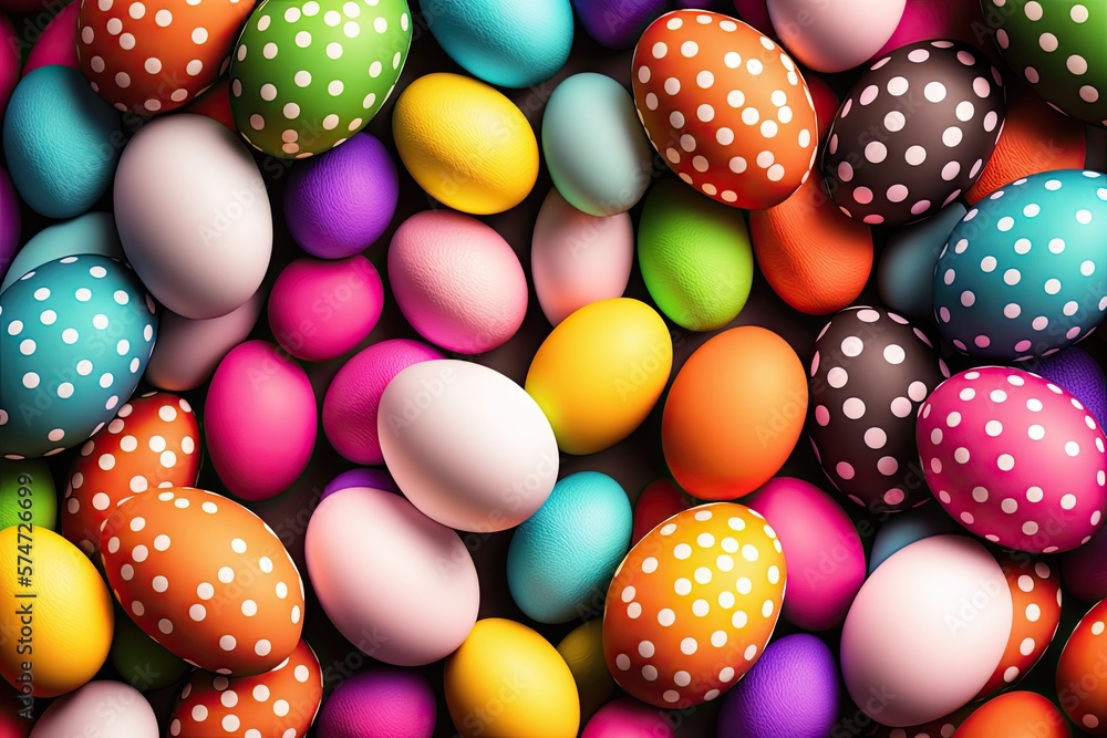 Colorful Easter eggs with patterns on wallpaper background - Generative AI Colorful Easter eggs with patterns on wallpaper background - Generative AI