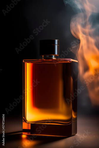 A dark amber sweaty perfume bottle on black background