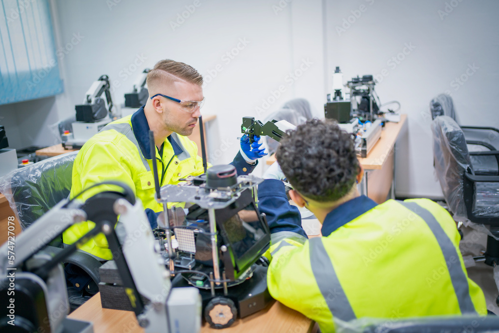 Mechanical engineering team working in robotic technology lap for research and develop for manufacturing automation and robotics. Mechanical engineering team working in robotic technology lap for research and develop for manufacturing automation and robotics.