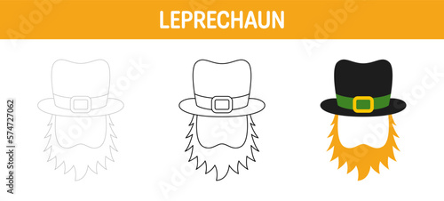 Leprechaun Hat with Beard tracing and coloring worksheet for kids