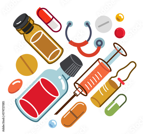 Big composition set of medicaments vector flat illustration isolated, pharmacy drugs apothecary bottles and pills and ampules, health care and healing medical theme design.