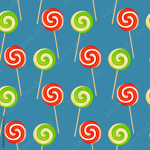 Indulge in sweetness with our seamless pattern of deliciously colorful spiral lollipops on a serene turquoise background. Vector illustration.