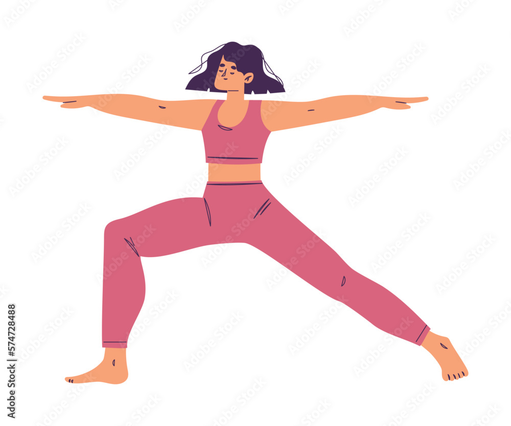 Young Woman Character Yoga Practicing Standing in Asana or Warrior Pose Vector Illustration Young Woman Character Yoga Practicing Standing in Asana or Warrior Pose Vector Illustration