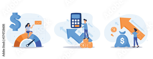Cost optimization concept set. Idea of financial and marketing strategy. Cost and income balance. Spending and cost reduction, while maximizing business value. Isolated flat illustration vector