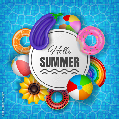 Summer poster with colorful inflatables on pool water background	