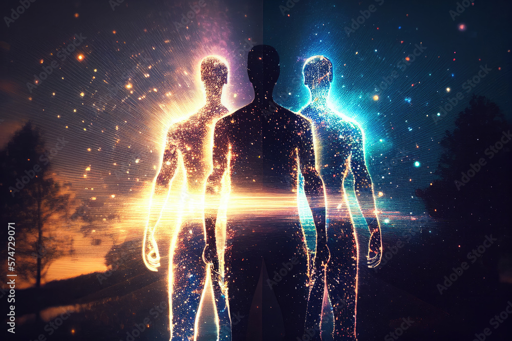 Silhouette of human astral human body concept image for near death experience, spirituality, and meditation - AI Generated - obrazy, fototapety, plakaty 