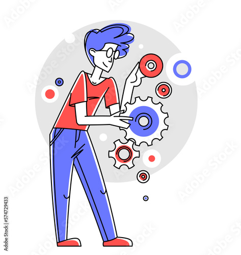 Engineer working on a project, mechanic specialist doing his job on draft plan vector outline illustration, creative inventor, machine repair.