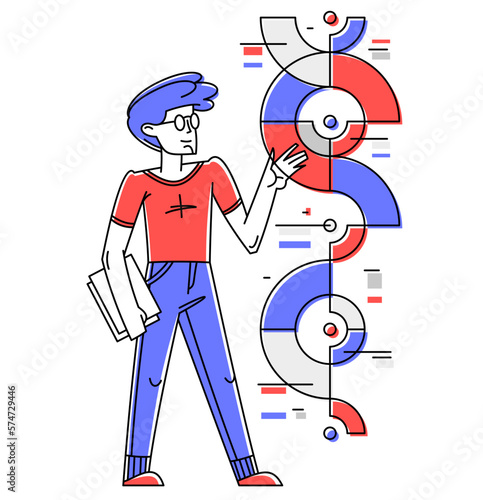 Creative worker doing some job and creating some system, inspired inventive designer or engineer composing abstract elements, vector outline illustration.