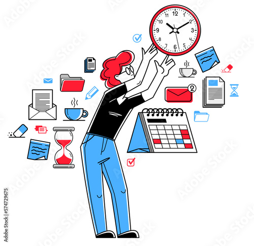 Business worker planning tasks and create time management vector outline illustration, productivity multitask prioritization, deadline and zero hour.