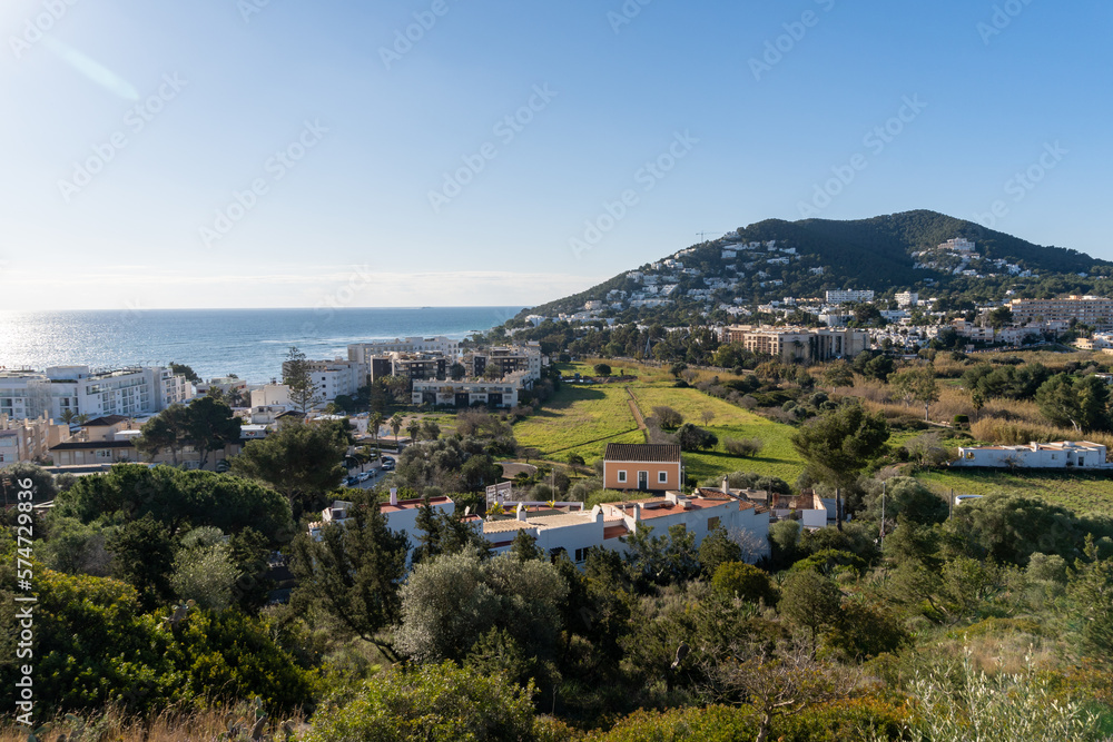 View from the Puig De Misa in Ibiza, view to the town of Santa Eulalia on a sunny day.