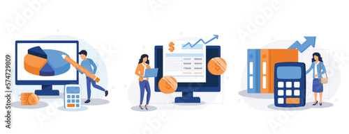 Budget bookkeeping illustration set. People doing paperwork. Characters accounting debit and credit, calculating bills and income taxes. Financial management concept. Vector illustration.
