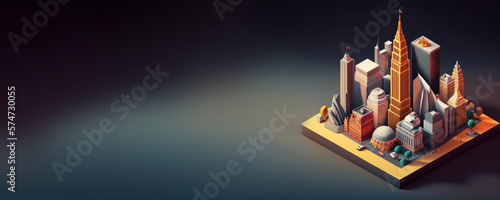 Miniature New York featuring Empire State Builidng, Flatiron and  other known buildings, landmarks and streets, Isometric Metropolis city isolated on a plain background, urban concept, generative ai