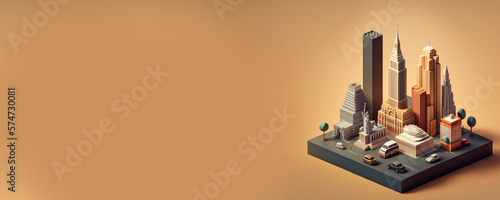Miniature New York featuring Empire State Builidng, Flatiron and  other known buildings, landmarks and streets, Isometric Metropolis city isolated on a plain background, urban concept, generative ai